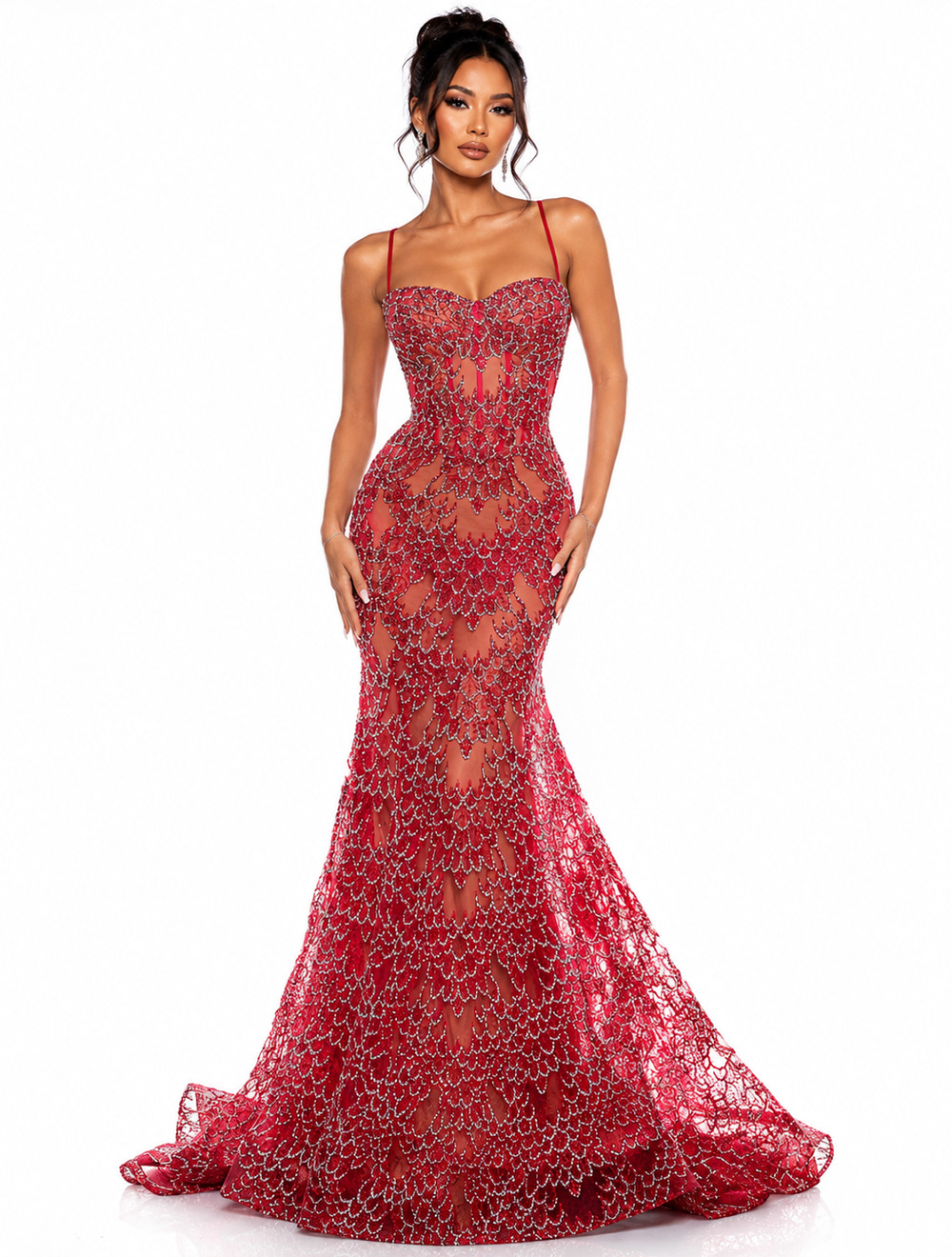 Portia & Scarlett PS25251 Red Glitter Lace Ruffle Evening Gown – Size 12 L-XL